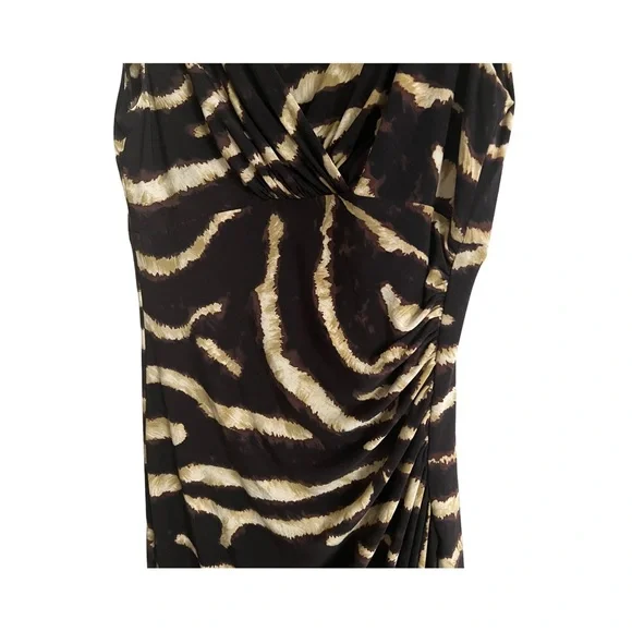 Lauren Ralph Lauren Chic Zebra Print Black and Gold V-neck Ruched Midi Dress - Picture 5 of 8
